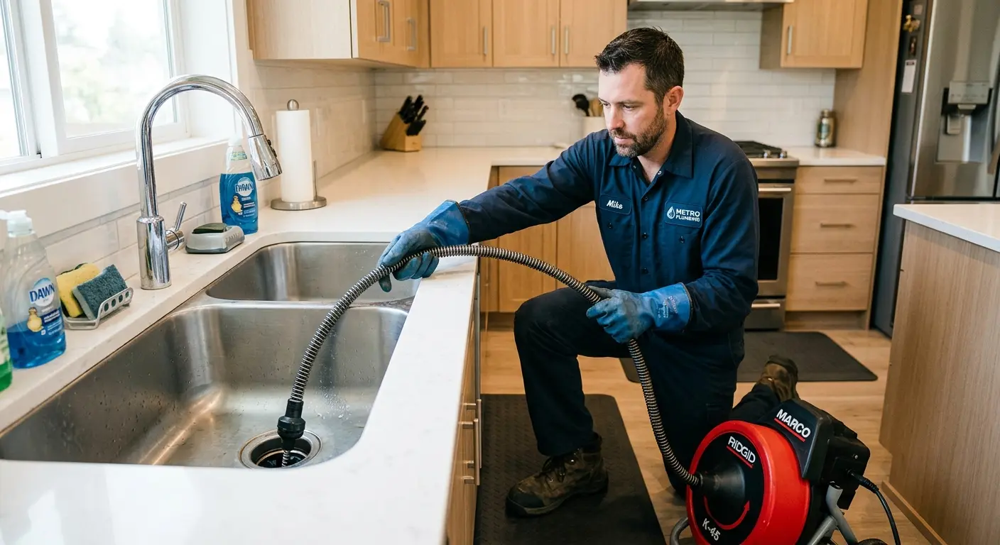 Drain cleaning technician using a motorized snake on a kitchen sink in Nipomo