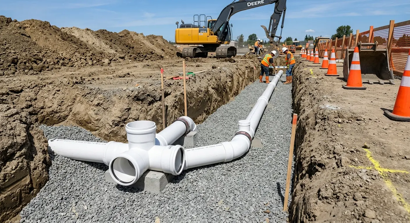New PVC sewer pipe installation in open trench for Sewer Backup in Nipomo