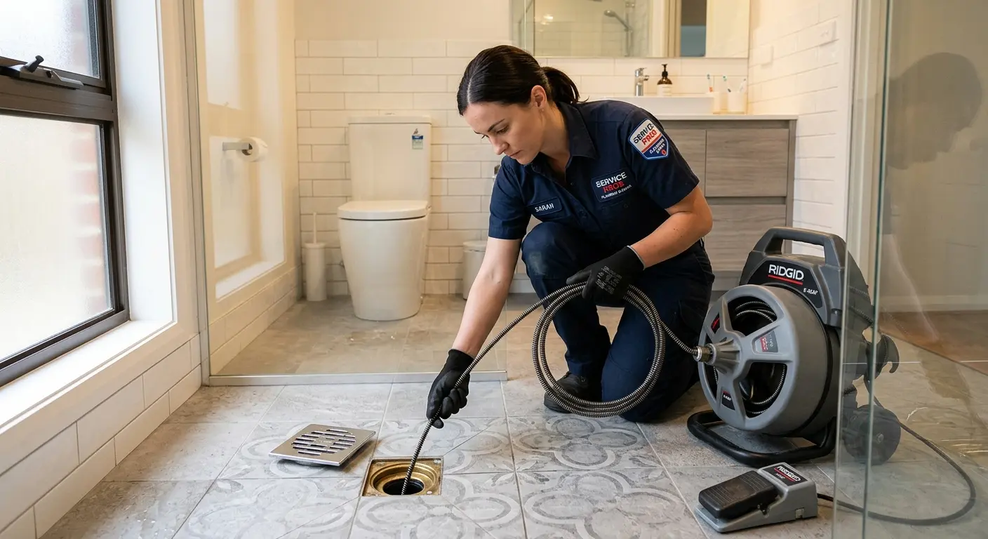 Technician clearing a bathroom floor drain for Sewer Line Replacement in Nipomo